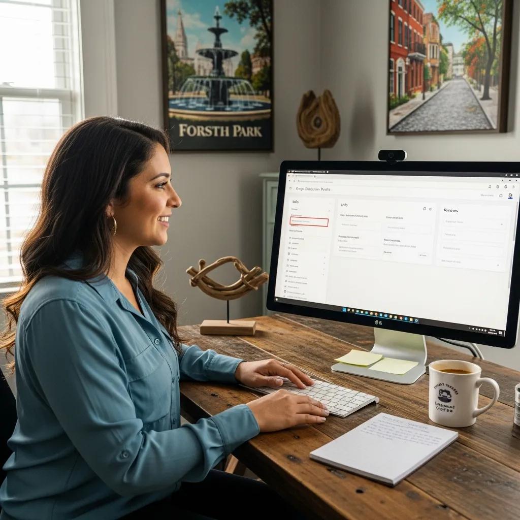 Business owner optimizing Google Business Profile in a cozy Savannah office