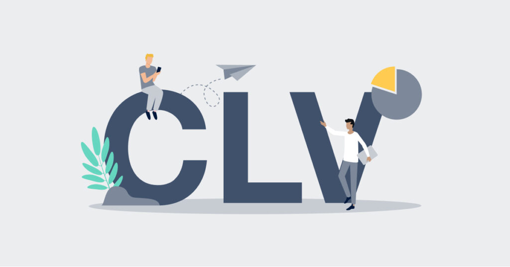 Illustration of "CLV" with a person using a smartphone and another person presenting data, representing customer lifetime value in DTC marketing strategies.