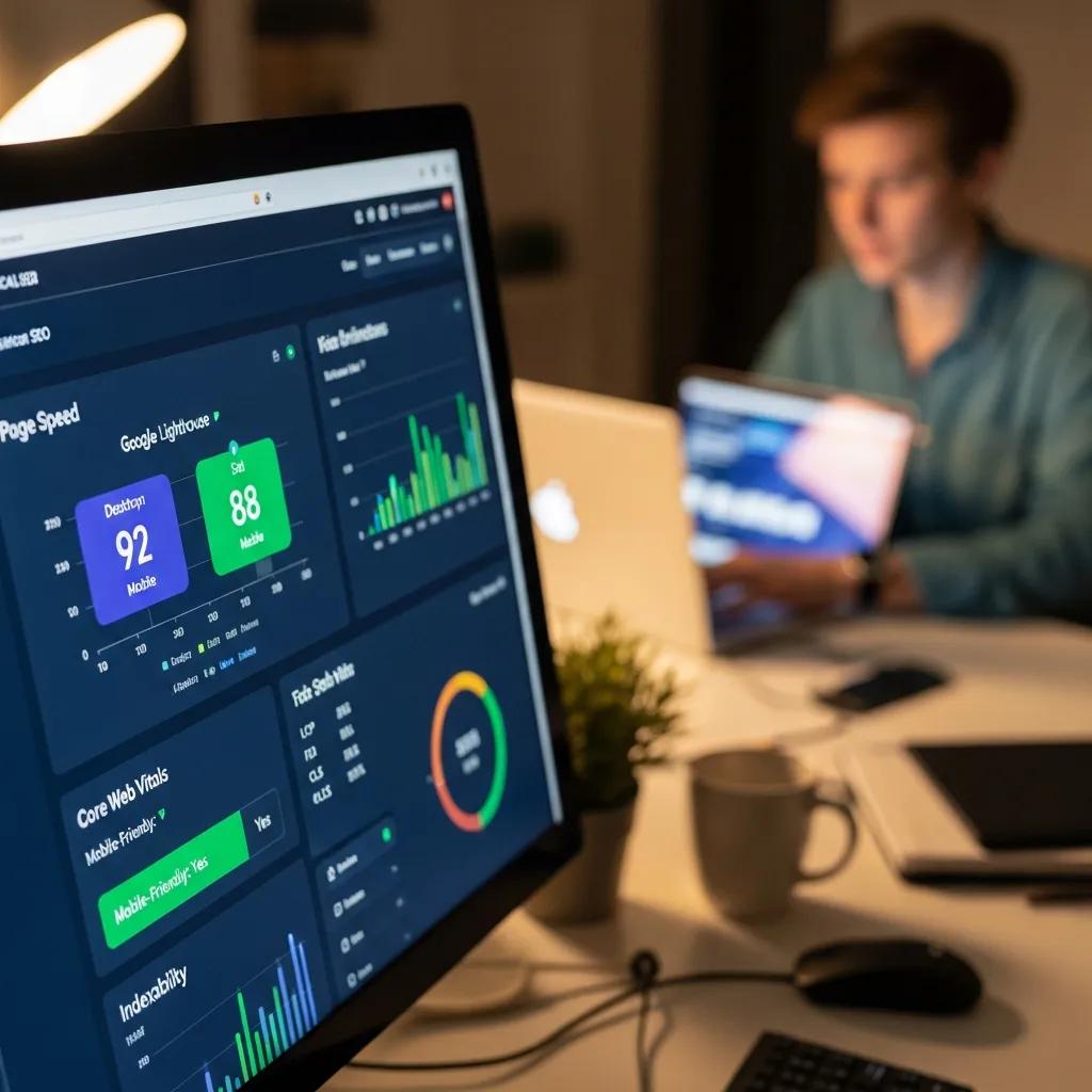 Computer screen showing technical SEO metrics, illustrating techniques to boost website rankings