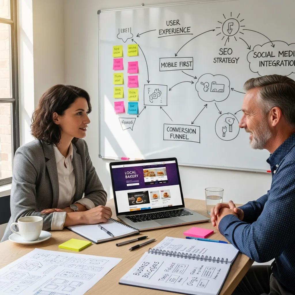 Consultant and business owner discussing web design strategies, highlighting the consulting process for tailored solutions
