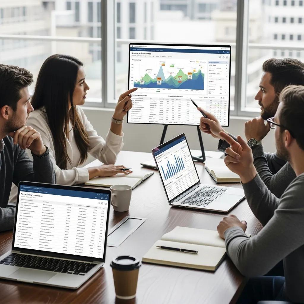 Digital marketing team analyzing keyword competition data in a modern office