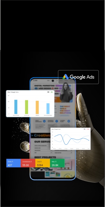 Móvil mostrando gráficos de rendimiento de anuncios de Google, con datos de campañas PPC y logo de Google Ads, enfatizando estrategias publicitarias digitales.