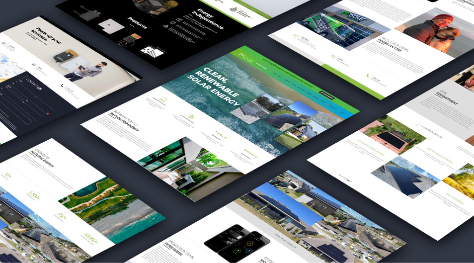 Páginas de sitios web de energía solar limpias y renovables, mostrando diseños modernos, información sobre productos y servicios, y elementos visuales relacionados con la energía sostenible.