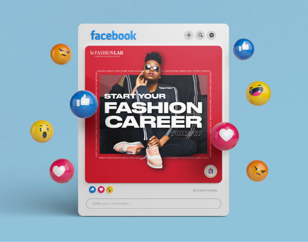 Imagen de una publicación de Facebook promocionando el inicio de una carrera en la moda, con un modelo usando gafas de sol y ropa moderna, rodeado de emoticonos de reacciones.