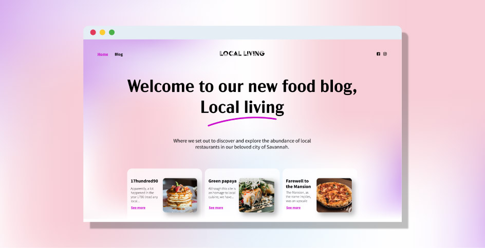 Página de inicio de un blog de comida llamado "Local Living", con un diseño moderno y atractivo, destacando artículos sobre restaurantes locales en Savannah.