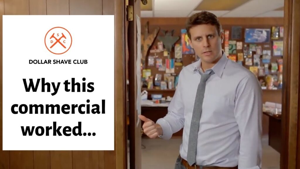 Dollar Shave Club commercial featuring a man explaining marketing success, emphasizing engaging content and humor, with branding visible.
