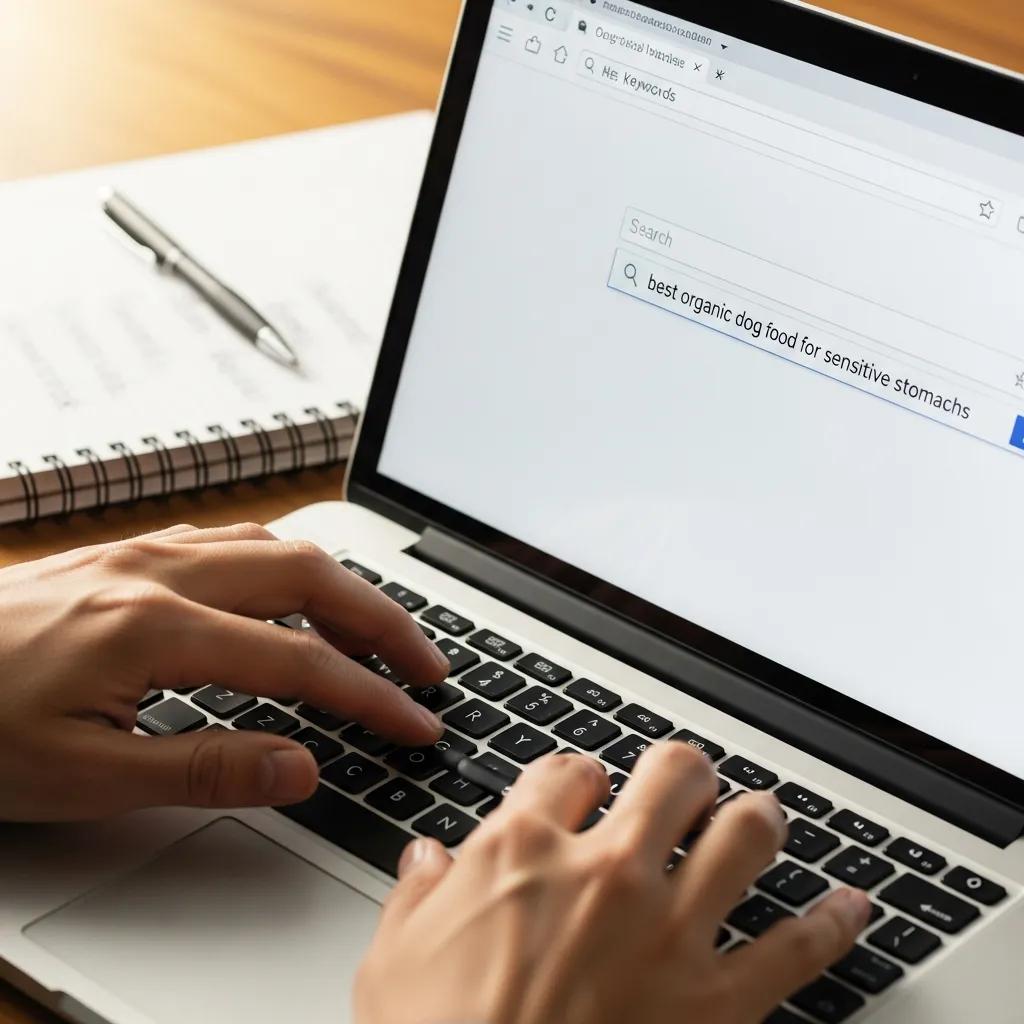 Person typing long-tail keywords into a search engine on a laptop