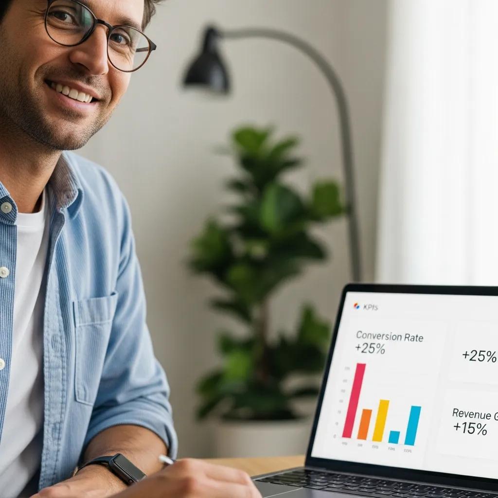 Smiling man in a blue shirt presenting laptop screen with KPIs showing 25% increase in conversion rate and 15% increase in revenue, symbolizing successful digital marketing outcomes.