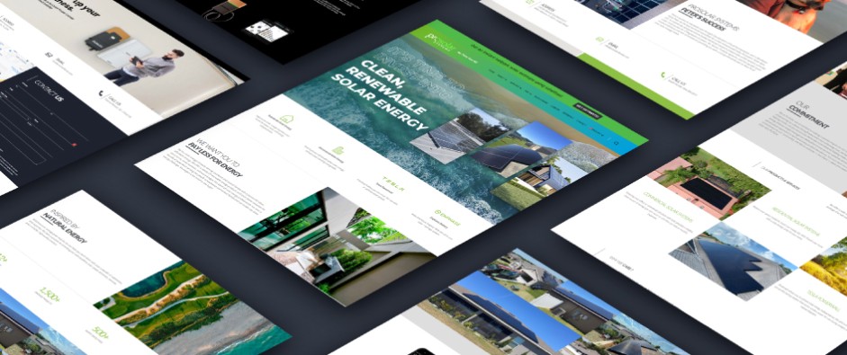 Diseño de sitio web moderno y atractivo para energía solar, mostrando múltiples pantallas y elementos gráficos relacionados con energía renovable.