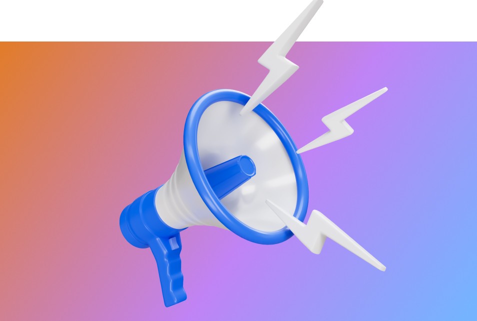 alt text: Megáfono azul y blanco con rayos, simbolizando publicidad y marketing digital, representando los servicios de Blue Edge Business Solutions.