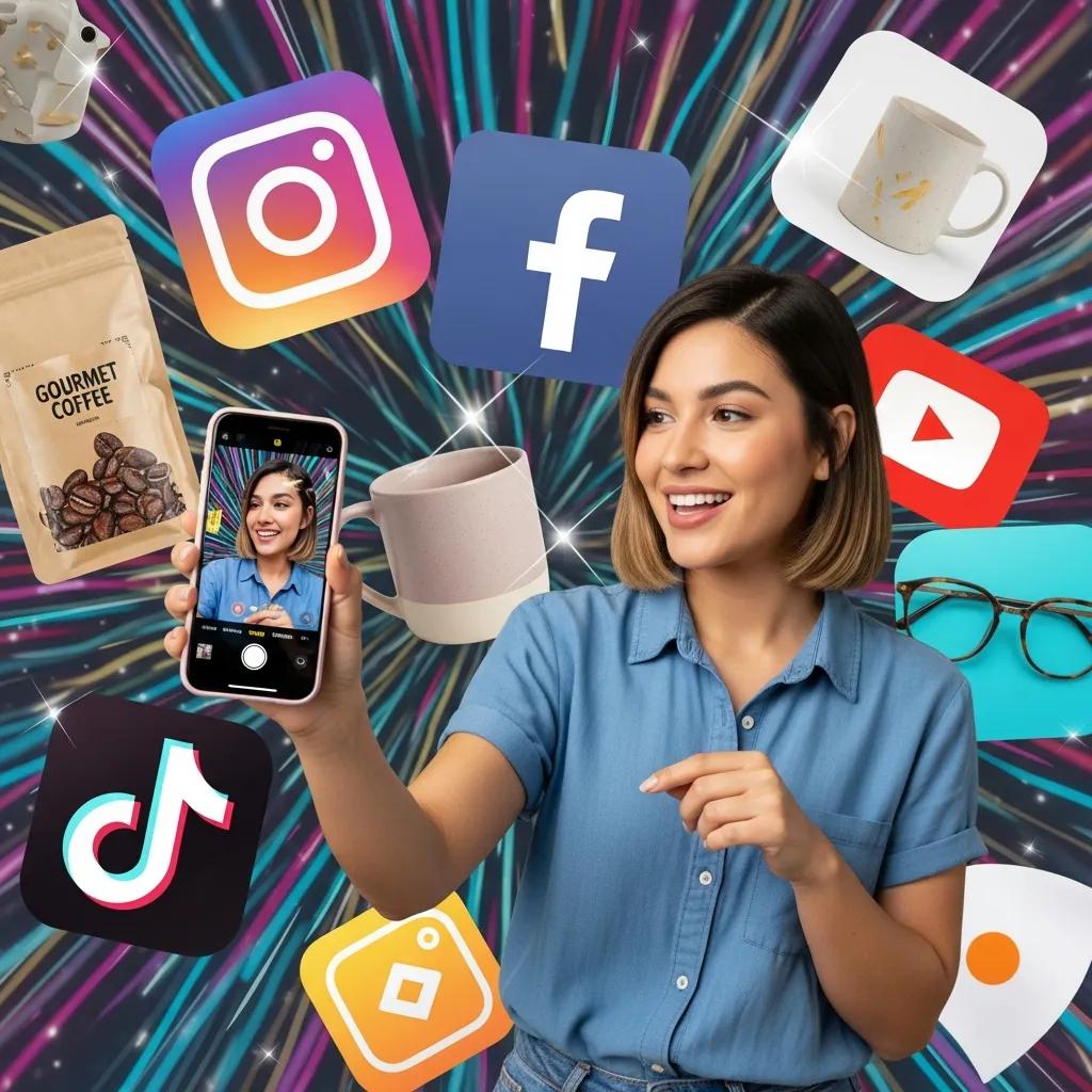 Woman engaging with smartphone, creating social media content; surrounded by icons of Instagram, Facebook, TikTok, and YouTube, representing digital marketing strategies for small businesses.