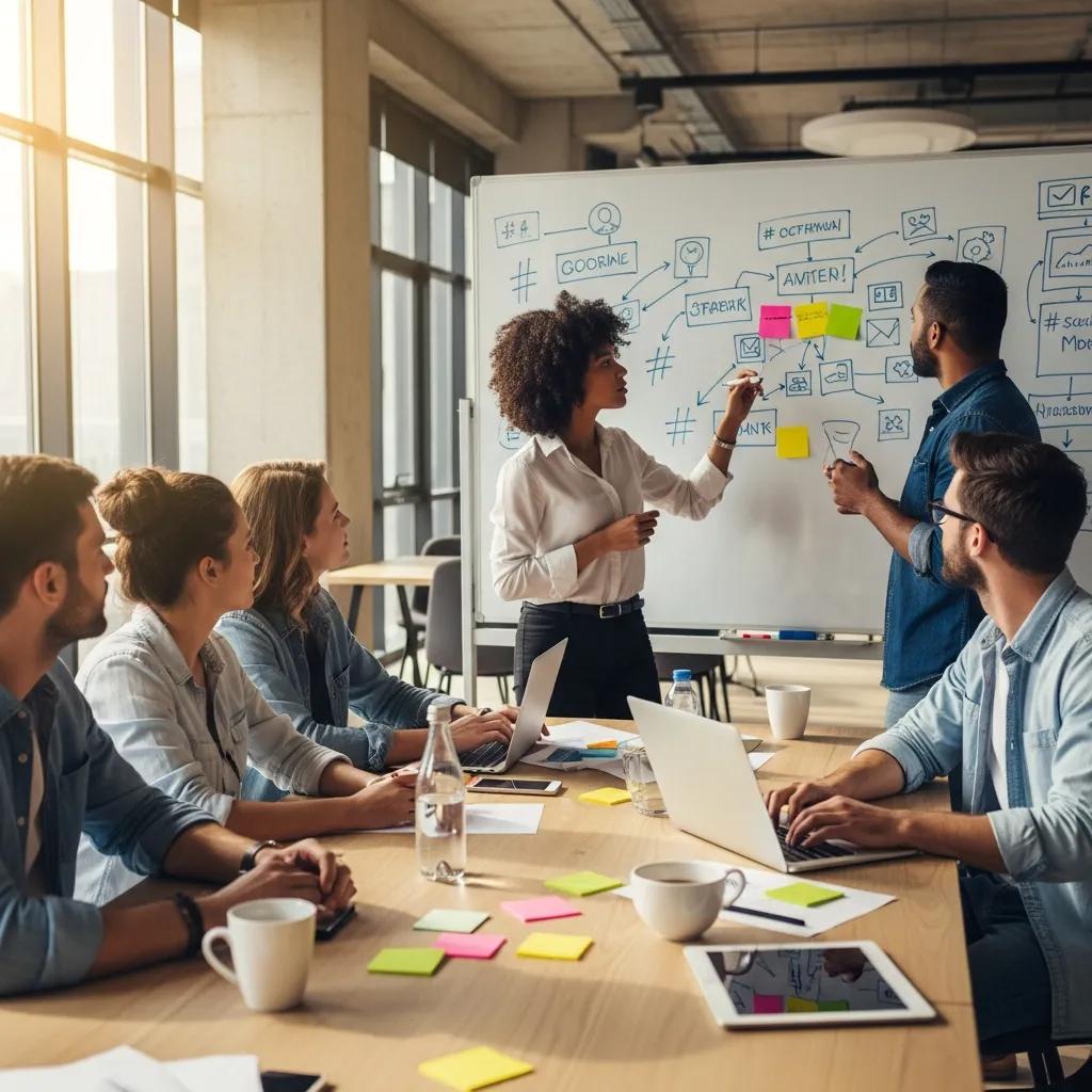 Small business team brainstorming effective social media marketing strategies