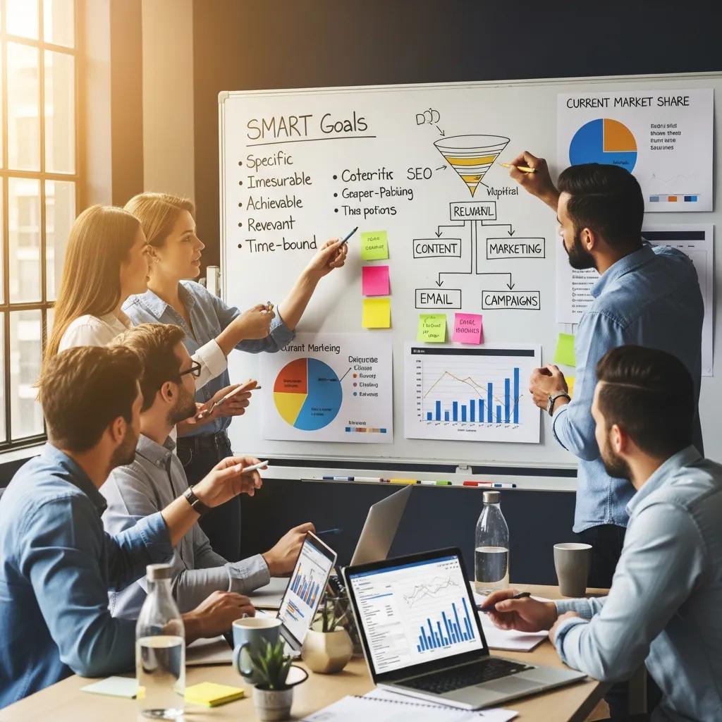 Small business team brainstorming SMART goals for digital marketing strategy, analyzing charts and graphs on a whiteboard, discussing objectives and target audience engagement.