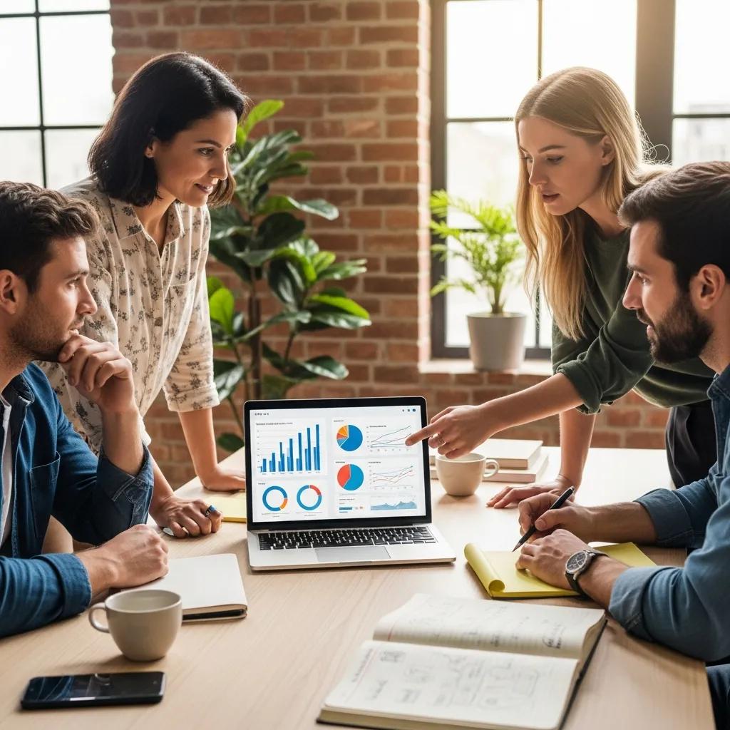 Small business team discussing key marketing metrics in a collaborative setting