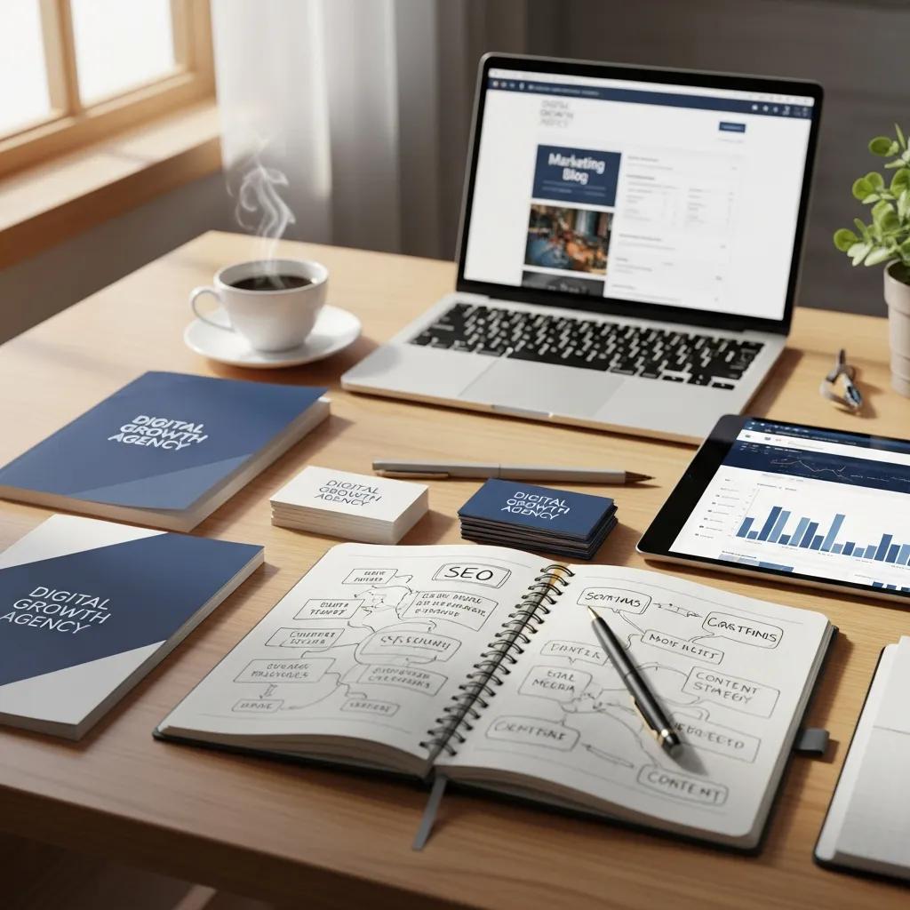 Workspace setup for a digital marketing consultation preparation, featuring organized materials and a laptop