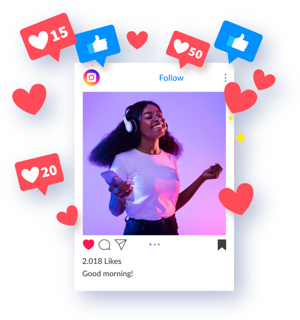 Mujer sonriendo con auriculares en un marco de publicación de Instagram, rodeada de íconos de "me gusta" y comentarios, ilustrando la interacción y el compromiso en redes sociales.