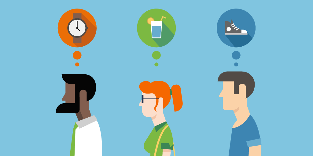 Illustration of diverse individuals thinking about personalized products, featuring a man with a watch, a woman with a drink, and a man with sneakers, symbolizing consumer preferences in DTC marketing.