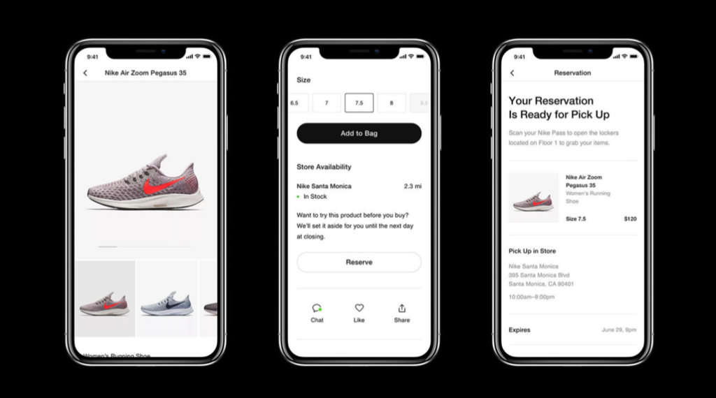 Nike Air Zoom Pegasus 35 sneakers displayed on mobile app screens, showcasing product details, store availability, and reservation features for seamless omnichannel shopping experience.