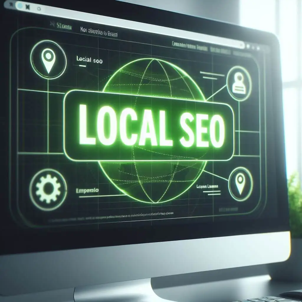 A digital screen displaying the words “Local SEO” in bold letters.