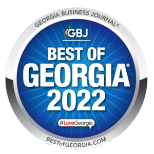 Insignia badge for Blue Edge Business Solutions, awarded "Best of Georgia 2022" by Georgia Business Journal, featuring blue and silver colors with text and logo elements.