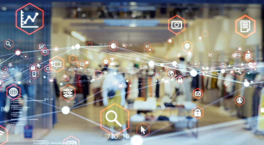 An illustration depicting a bustling retail environment with digital blockchain elements overlaying the physical space, symbolizing the integration of blockchain technology in retail to optimize SEO.