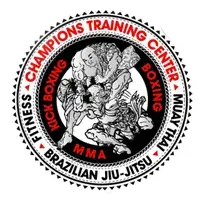 Logo of Champions Training Center featuring martial arts imagery and text highlighting kickboxing, boxing, MMA, Muay Thai, and Brazilian Jiu-Jitsu, symbolizing fitness and training.