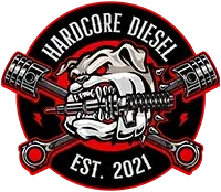 Bulldog logo for Hardcore Diesel, featuring crossed pistons and a wrench, established in 2021.