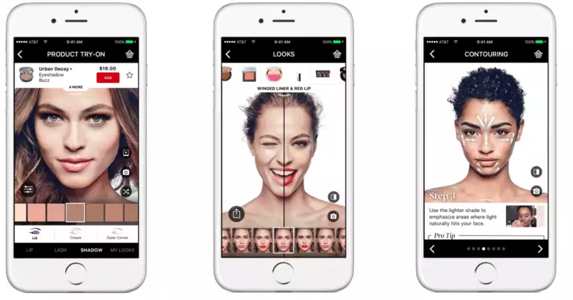 Sephora app interface showcasing virtual makeup try-on features, including product selection, looks, and contouring tutorials, emphasizing personalized beauty experiences.